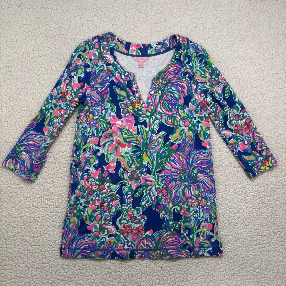 Lilly Pulitzer UPF 50+ Justina Tunic 3/4 Sleeves Split Neck‎ Sz XS Indigo Exotic